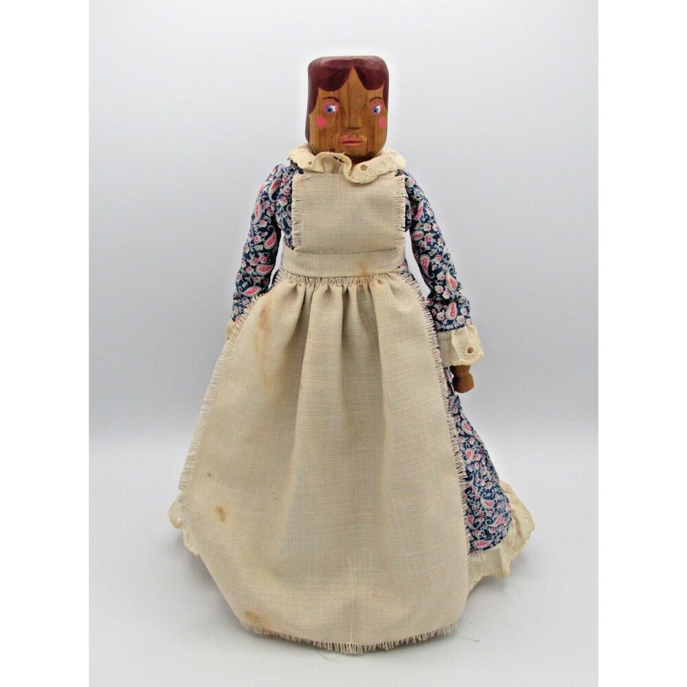 Folk Art Peg Carved Hand Painted Wooden Doll Reproduction Vintage Handmade